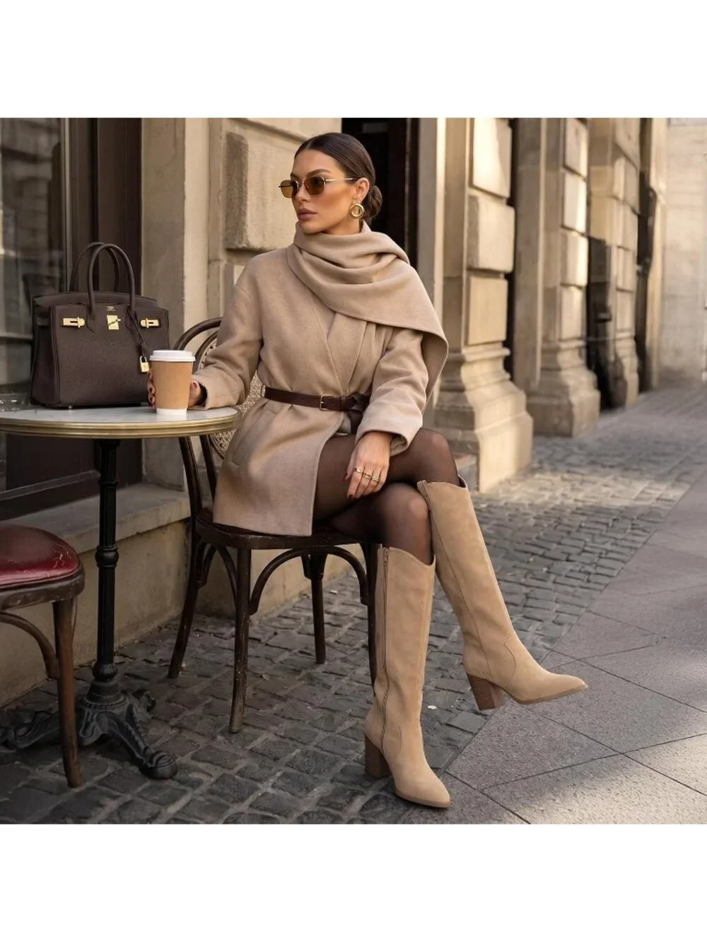 Women's Camel Suede Chunky Heel Suede Pointed Toe Side Zipper Knee High Boots